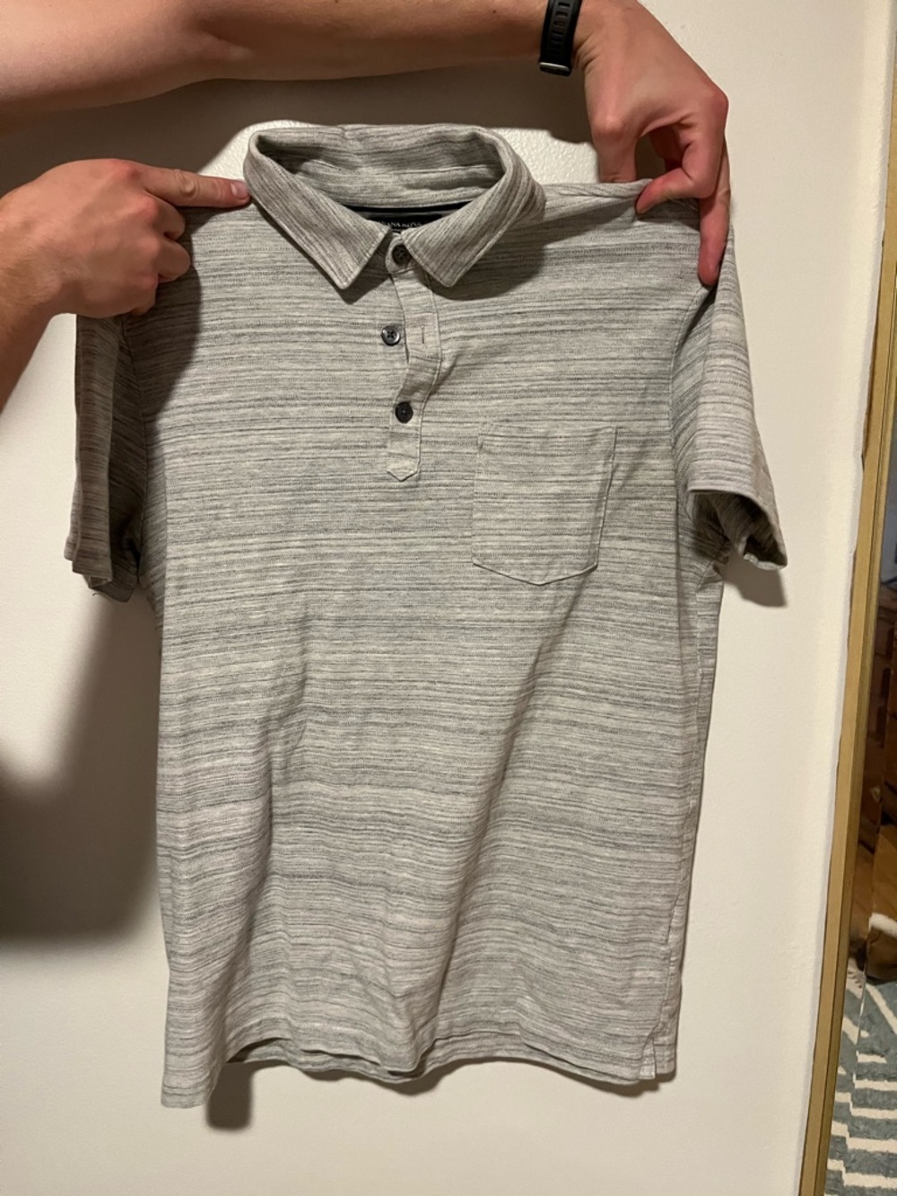 Banana Republic Men's Grey Striped Polo Shirt with Chest Pocket